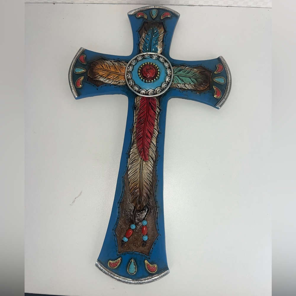 Southwest Native Indian Wall Cross Turquoise Feather Design Hand-Painted Navajo - Picture 3 of 16